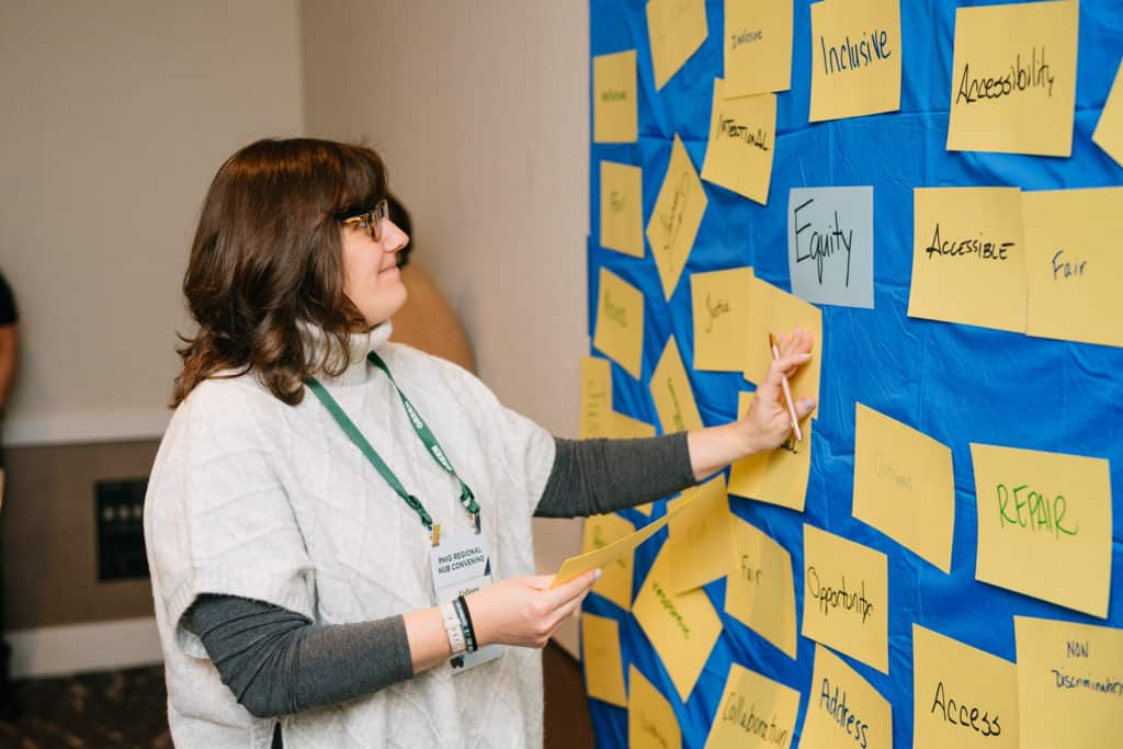 Region 5 member looking at a wall of yellow sticky notes.