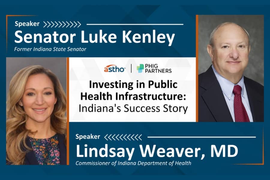 Social media card announcing Investing in Public Health Infrastructure: Indiana's Success Story, includes photos of Senator Luke Kenley and Lindsay Weaver, MD.