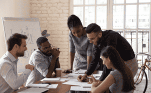 Five coworkers gathered around a table for a planning meeting.