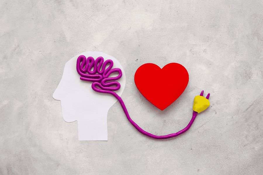 A profile view of a white paper cutout of a human head is positioned centrally. A stylized, purple clay or modeling-paste brain shape is affixed to the head, with a connected purple “wire” or cord extending to a yellow electrical plug shape. A red heart shape is placed above and slightly to the right of the head cutout, also connected to the purple wire/cord. The overall impression is one of a conceptual representation possibly related to the concepts of love, emotion, and energy.