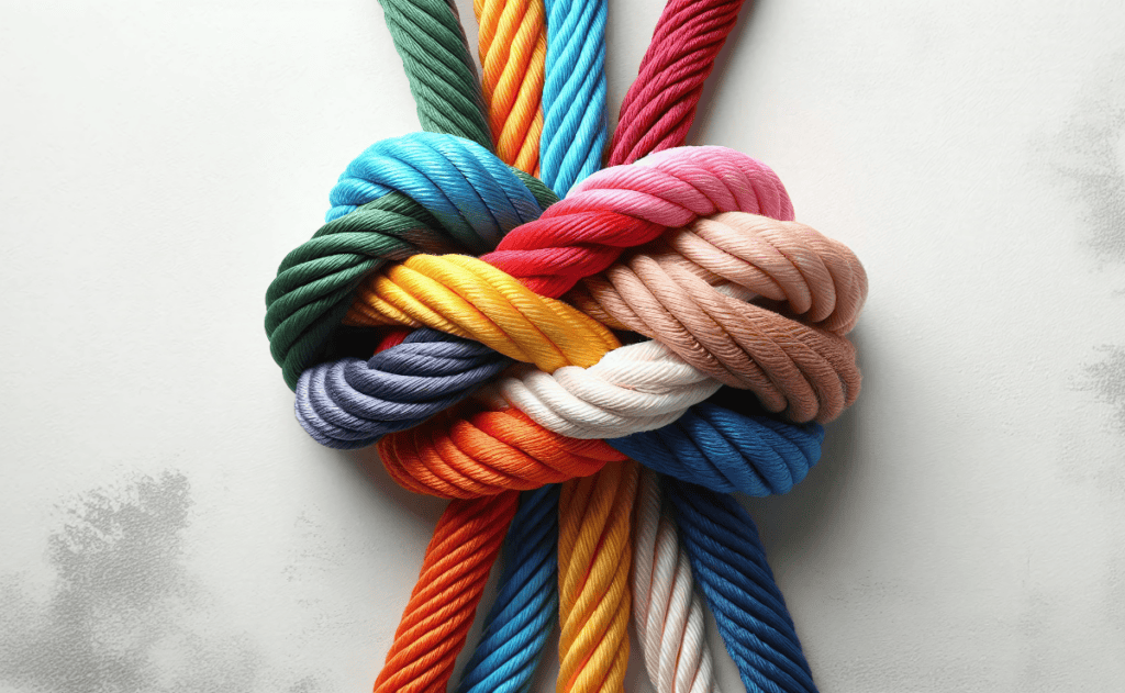 multicolored ropes tied in a knot on a white background