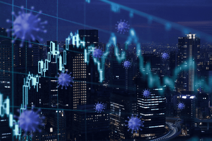 General data visualization overlay with a city in the background and viruses scattered throughout.