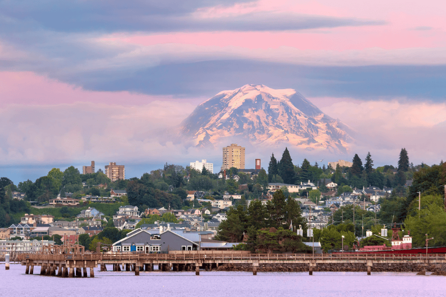 Landscape of a town in Washington state with a mountain in the background.