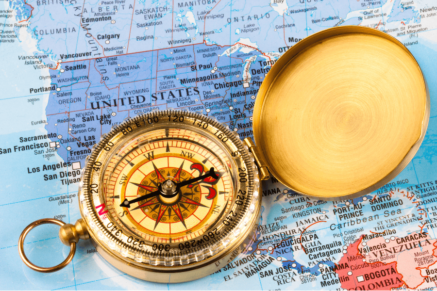 Compass on a map of the United States.