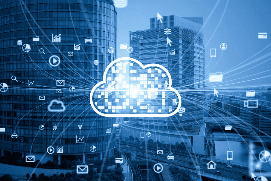 Cloud outline with abstract lines and data points across the image which is overlaid on a city landscape.