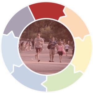 Man running in community, graphic shows interconnectedness