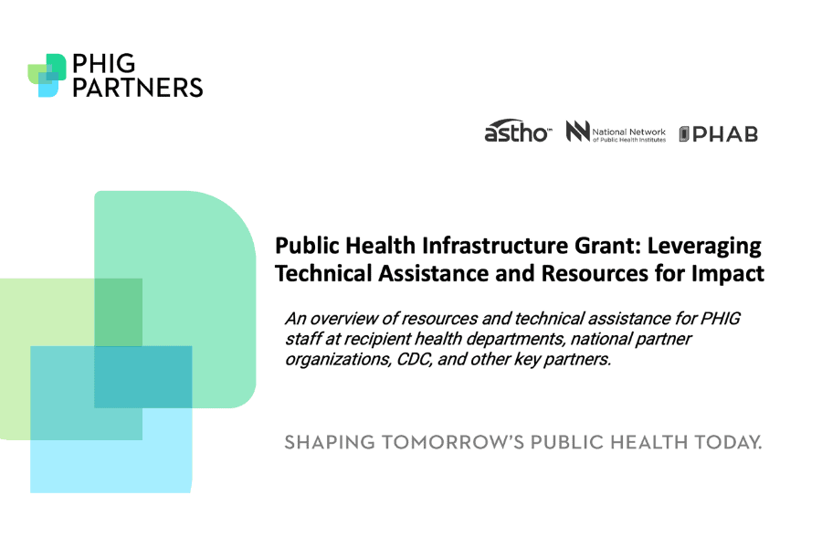 Thumbnail for the video, reading "Public Health Infrastructure Grant: Leveraging Technical Assistance and Resources for Impact - An overview of resources and technical assistance for PHIG staff at recipient health departments, national partner organizations, CDC, and other key partners."