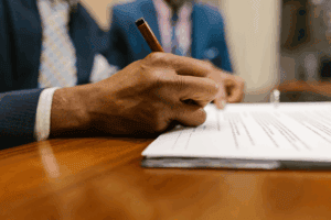 Man's hand signing an official document at a desk.