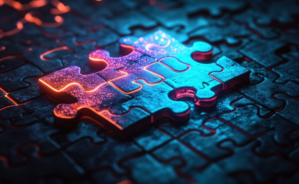 Puzzle pieces with a neon light that looks like they are backlit.