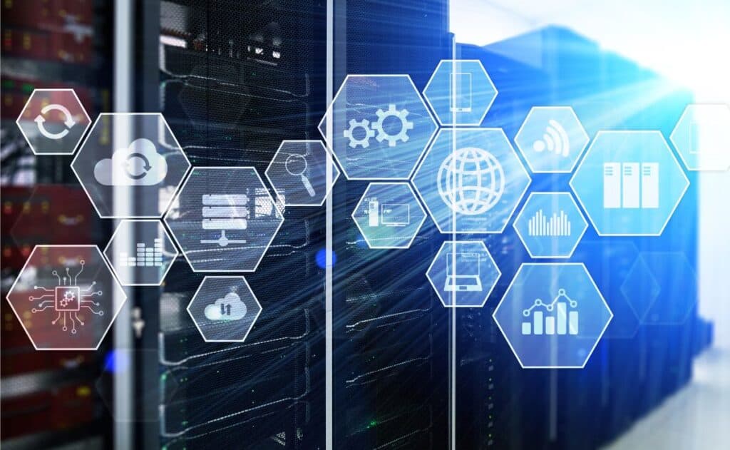 Collection of icons representing technology infrastructure cloud technology and communication.