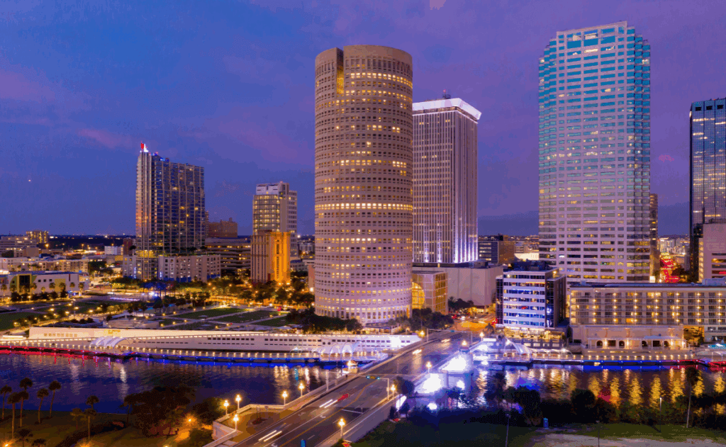 City landscape at night in Hillsborough County, Florida.