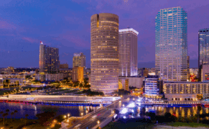City landscape at night in Hillsborough County, Florida.