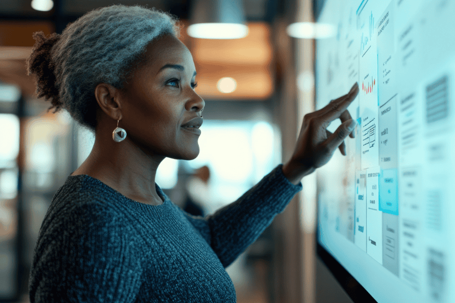 Woman touching a large monitor displaying data.