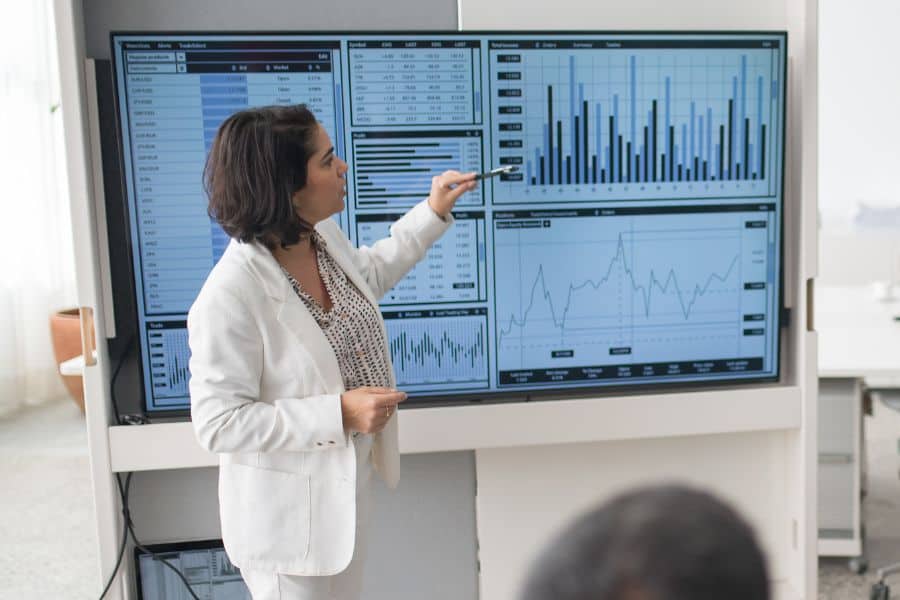 Woman in business professional clothing presenting a data dashboard to a small group of people.