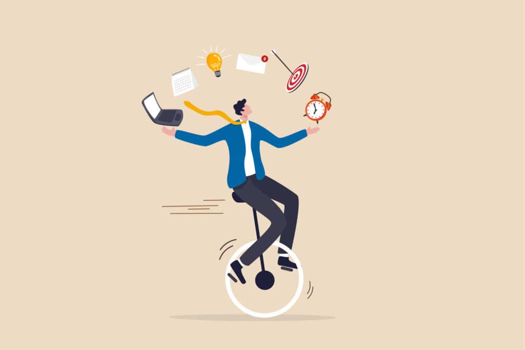 Professional person riding unicycle and juggling a variety of objects representing tasks.