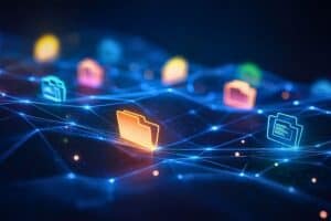 Digital folders and files on glowing circuits represent data organization.