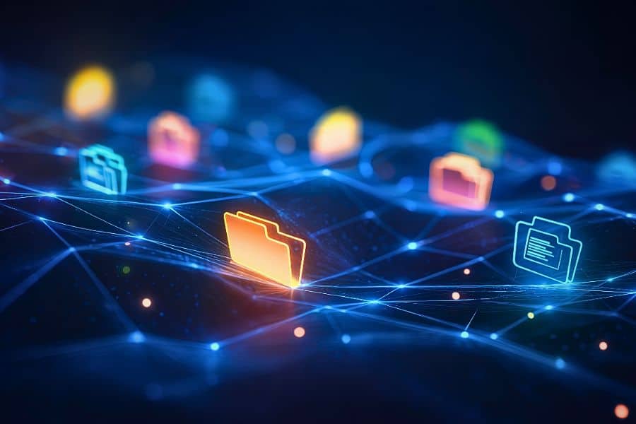 Digital folders and files on glowing circuits represent data organization.