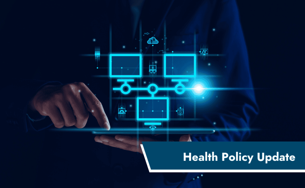 Banner reading "Health Policy Update" overlaying a conceptual image of computer icons hovering over a tablet.