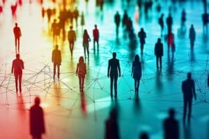 Graphic image showing vignettes of people with lines connecting them.