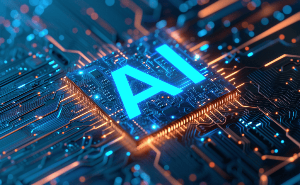 A close-up of a microchip with the letters "AI" glowing in bright blue.