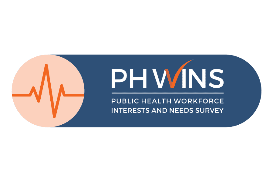 The logo for PH WINS (Public Health Workforce Interests and Needs Survey) features an orange electrocardiogram-like line within a peach circle on the left, next to the text "PH WINS" in white with an orange checkmark replacing the 'V', and below it, "PUBLIC HEALTH WORKFORCE INTERESTS AND NEEDS SURVEY" in smaller white text.