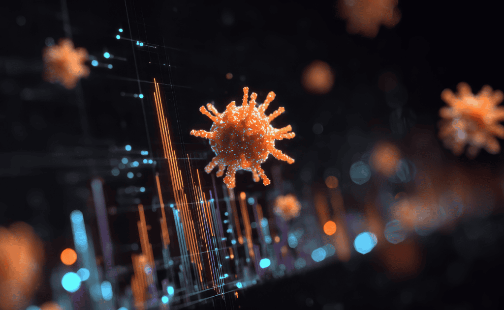 A 3D render of an orange virus particle floating above a digital graph with blue and orange lines and bokeh lights.
