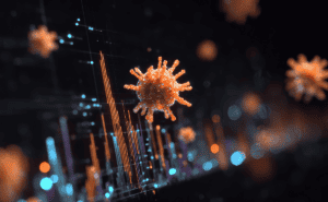 A 3D render of an orange virus particle floating above a digital graph with blue and orange lines and bokeh lights.