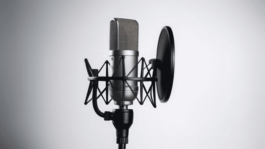 Studio condenser microphone with a pop filter and shock mount on a stand, set against a plain light background.